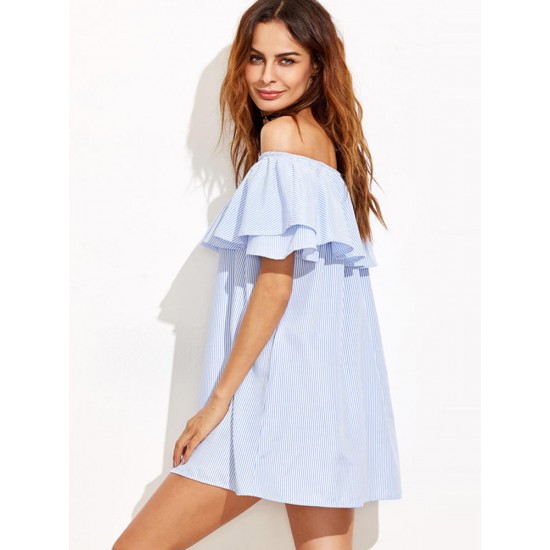 Women Sexy Off Shoulder Ruffles Stripe Mini Dress