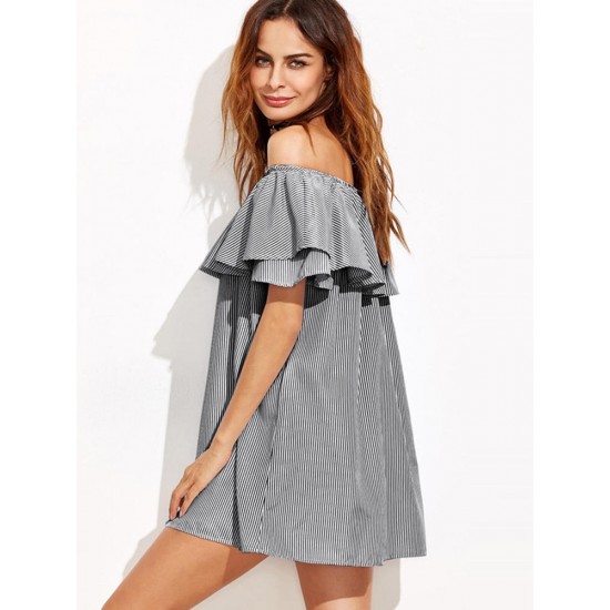 Women Sexy Off Shoulder Ruffles Stripe Mini Dress