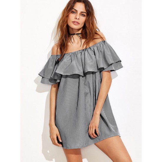 Women Sexy Off Shoulder Ruffles Stripe Mini Dress