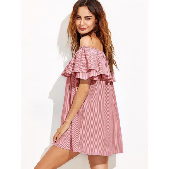 Women Sexy Off Shoulder Ruffles Stripe Mini Dress