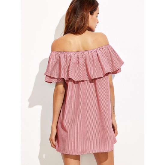 Women Sexy Off Shoulder Ruffles Stripe Mini Dress