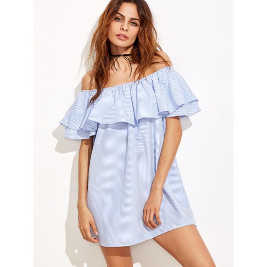 Women Sexy Off Shoulder Ruffles Stripe Mini Dress