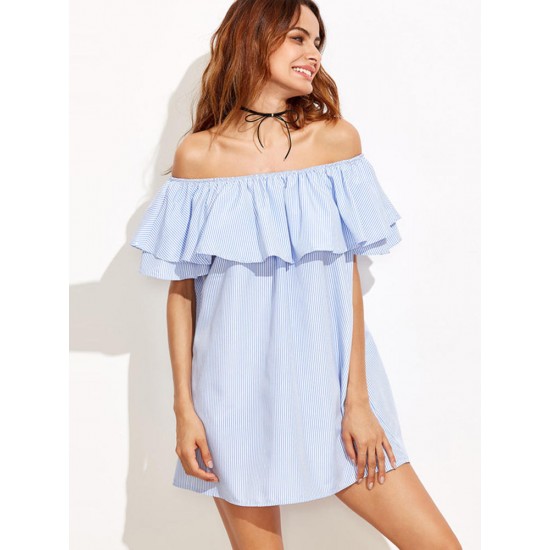 Women Sexy Off Shoulder Ruffles Stripe Mini Dress