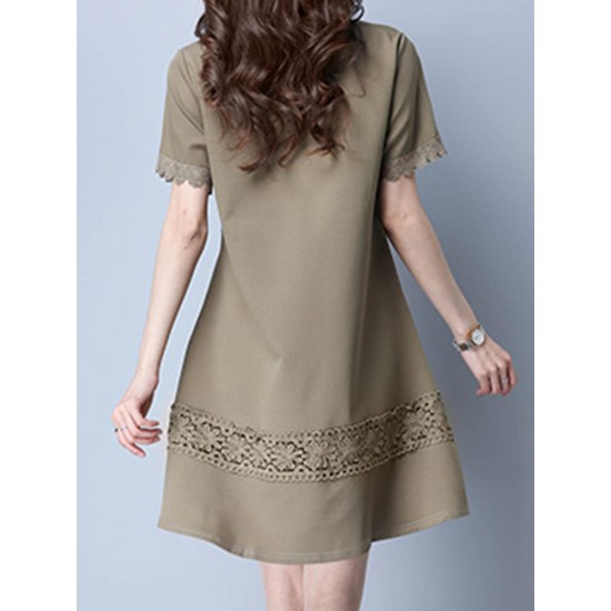 Women Vintage Short Sleeve Lace Stitching Dresses Round Neck Mini Dresses