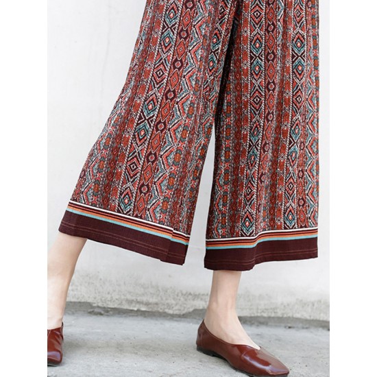 Bohemian Women Patchwork Elastic Waist Wide Leg Pants