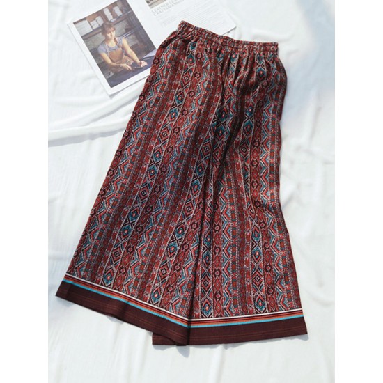 Bohemian Women Patchwork Elastic Waist Wide Leg Pants