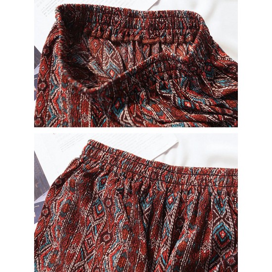 Bohemian Women Patchwork Elastic Waist Wide Leg Pants