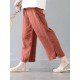 Casual  Women Elastic Waist Pockets Cotton Wide Leg Pants