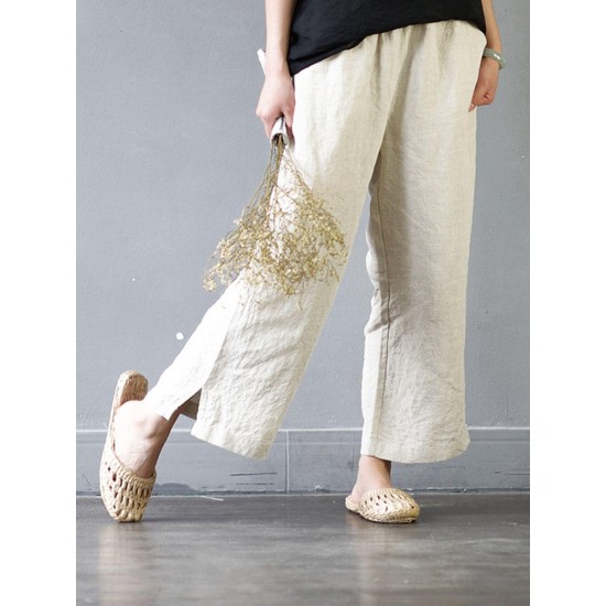 Casual  Women Elastic Waist Pockets Cotton Wide Leg Pants