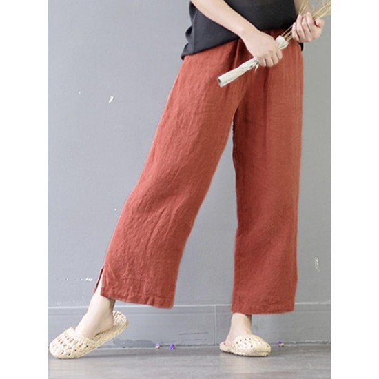 Casual  Women Elastic Waist Pockets Cotton Wide Leg Pants