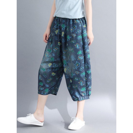 Casual Denim Heart-shape Printed Baggy Harem Pants with Pockets