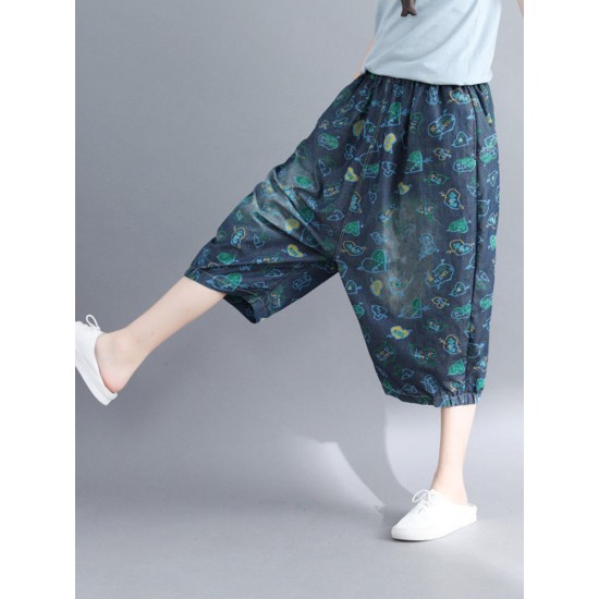 Casual Denim Heart-shape Printed Baggy Harem Pants with Pockets