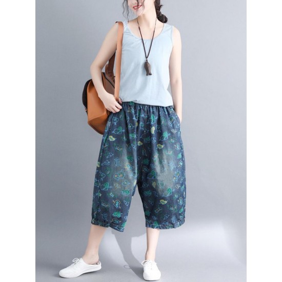 Casual Denim Heart-shape Printed Baggy Harem Pants with Pockets