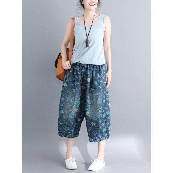 Casual Denim Heart-shape Printed Baggy Harem Pants with Pockets