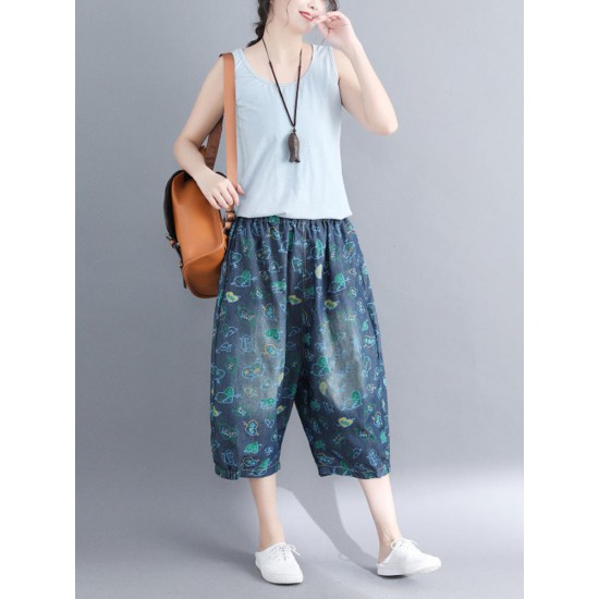 Casual Denim Heart-shape Printed Baggy Harem Pants with Pockets