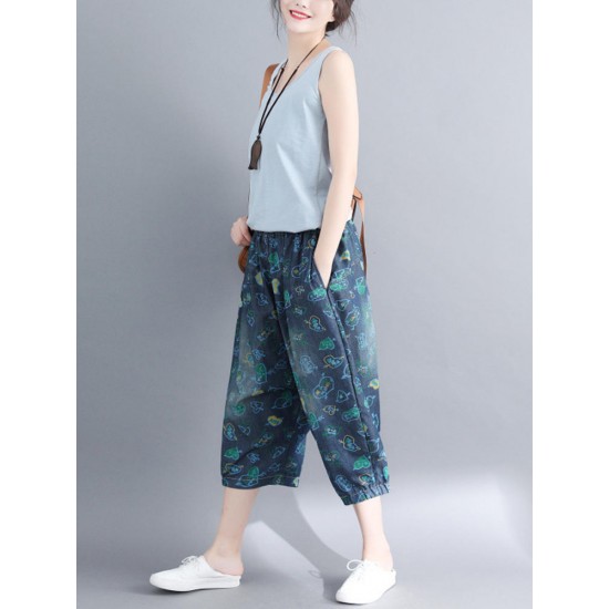 Casual Denim Heart-shape Printed Baggy Harem Pants with Pockets