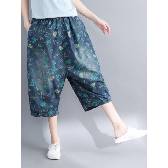 Casual Denim Heart-shape Printed Baggy Harem Pants with Pockets