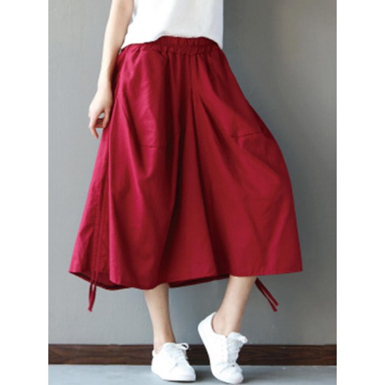 Casual Loose Solid Folk Style Pocket Side Slit Women Pants