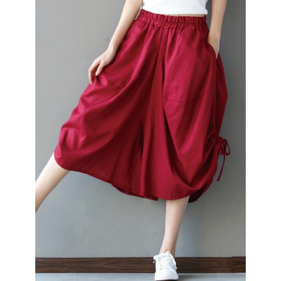 Casual Loose Solid Folk Style Pocket Side Slit Women Pants