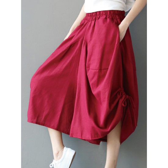 Casual Loose Solid Folk Style Pocket Side Slit Women Pants