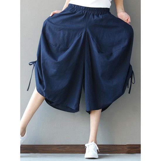 Casual Loose Solid Folk Style Pocket Side Slit Women Pants