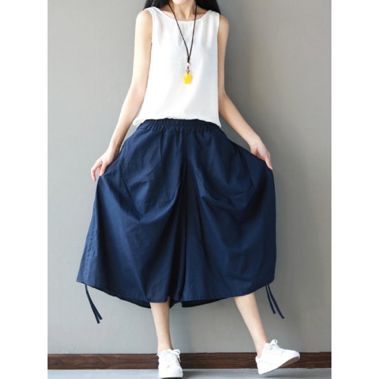 Casual Loose Solid Folk Style Pocket Side Slit Women Pants