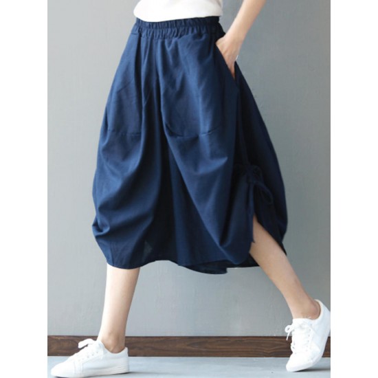 Casual Loose Solid Folk Style Pocket Side Slit Women Pants