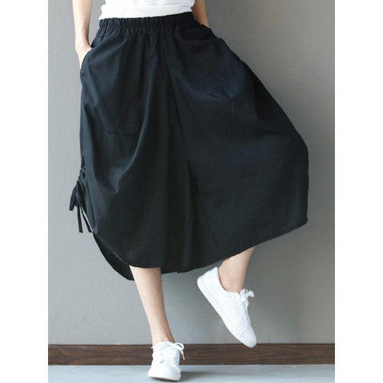 Casual Loose Solid Folk Style Pocket Side Slit Women Pants