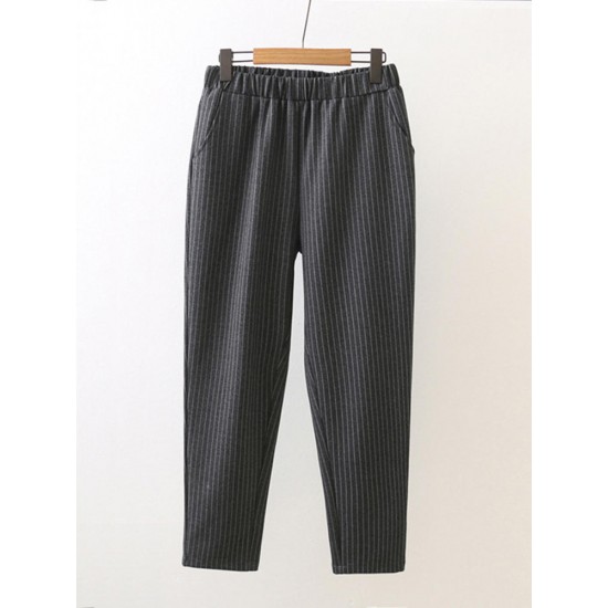 Casual Women Loose Pants Elastic Waist Stripes Stretch Cotton Roman Trousers