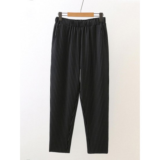 Casual Women Loose Pants Elastic Waist Stripes Stretch Cotton Roman Trousers