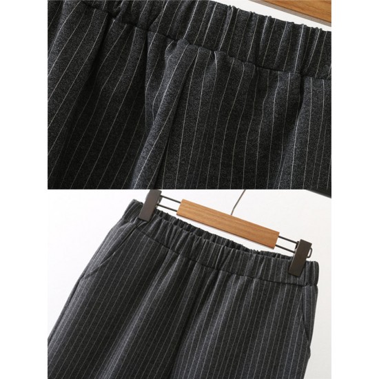 Casual Women Loose Pants Elastic Waist Stripes Stretch Cotton Roman Trousers