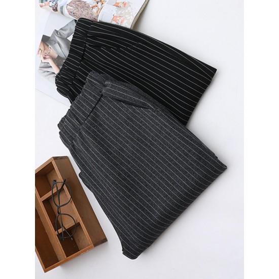 Casual Women Loose Pants Elastic Waist Stripes Stretch Cotton Roman Trousers