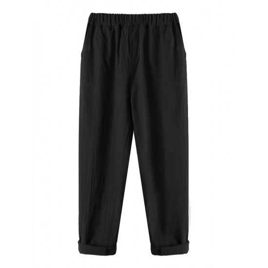 Casual Women Pockets Straight Elastic Waist Harem Pants