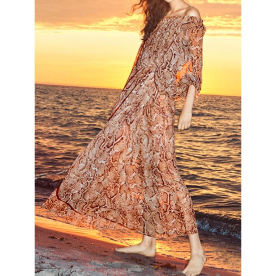 Bohemian Off-shoulder Long Sleeve Printed Holiday Maxi Dress