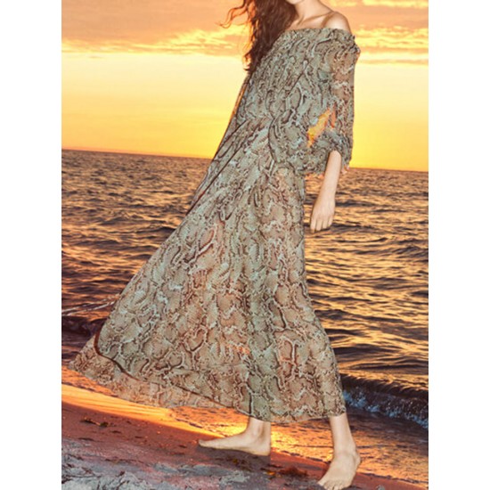 Bohemian Off-shoulder Long Sleeve Printed Holiday Maxi Dress