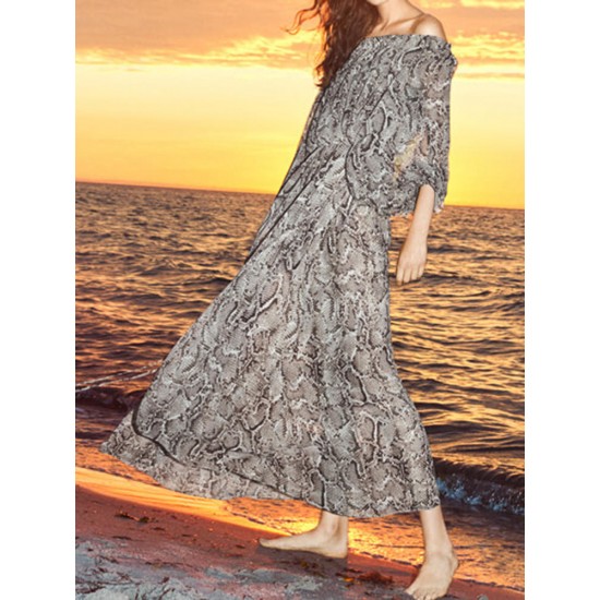 Bohemian Off-shoulder Long Sleeve Printed Holiday Maxi Dress