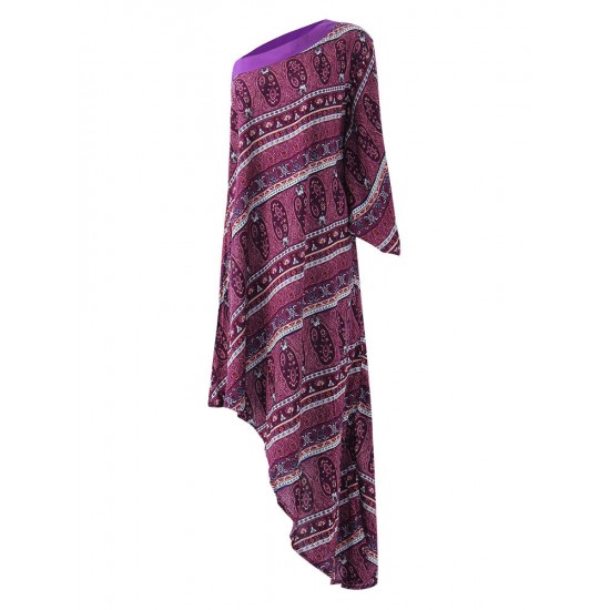 Blue And Purple Print Bohemian Seaside  Word Shoulder Irregular Dress