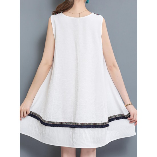 Casual Women Embroidery Dress Sleeveless A Line Cotton Linen Dresses