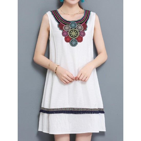 Casual Women Embroidery Dress Sleeveless A Line Cotton Linen Dresses