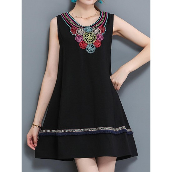 Casual Women Embroidery Dress Sleeveless A Line Cotton Linen Dresses