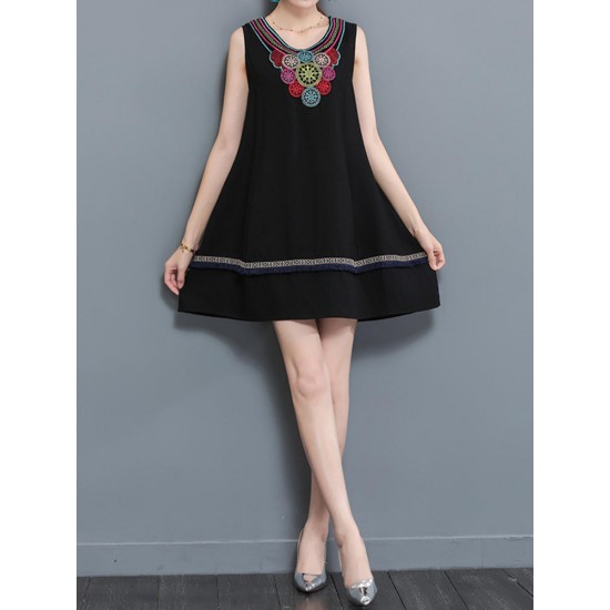 Casual Women Embroidery Dress Sleeveless A Line Cotton Linen Dresses