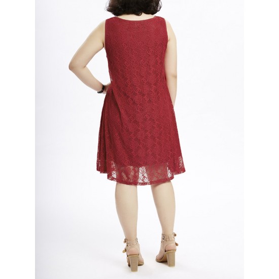 L-5XL Elegant Women Sleeveless Lace Crochet Hollow Party Dress