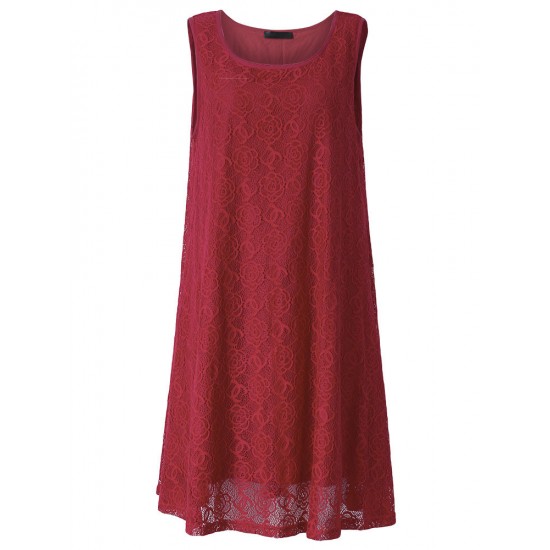 L-5XL Elegant Women Sleeveless Lace Crochet Hollow Party Dress
