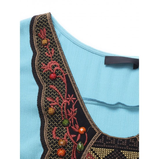 L-5XL Ethnic Style Women Embroidery Stitching High Low Mini Dress