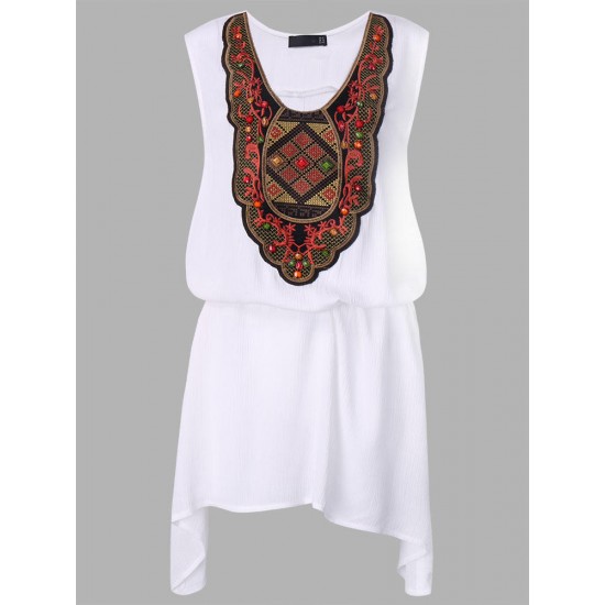 L-5XL Ethnic Style Women Embroidery Stitching High Low Mini Dress