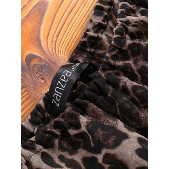 Leopard Print Off Shoulder Short Sleeve Bohemian Beach Dress