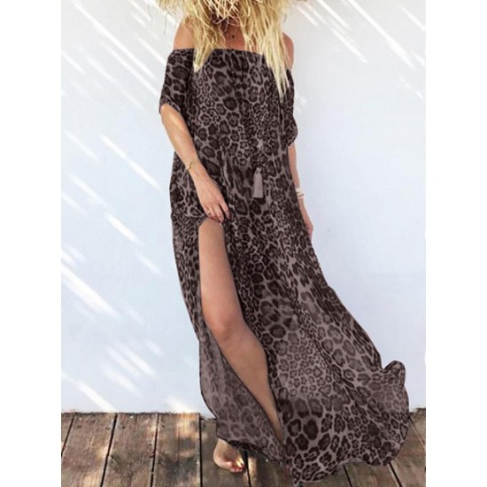 Leopard Print Off Shoulder Short Sleeve Bohemian Beach Dress