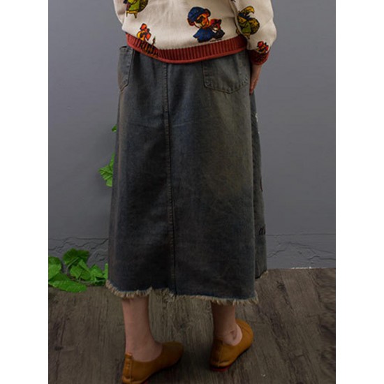 Casual Cartoon Print Elastic Waist Denim Skirts with Pockets