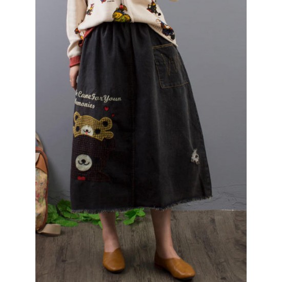 Casual Cartoon Print Elastic Waist Denim Skirts with Pockets