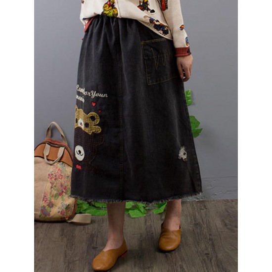 Casual Cartoon Print Elastic Waist Denim Skirts with Pockets